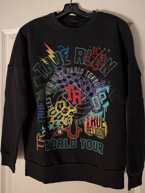 True Religion Black Multicolor 'World Tour' Graphic Sweatshirt.